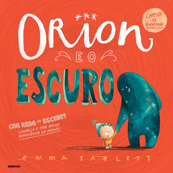 Capa de um dos livros infantis, Orion e o Escuro, de Emma Yarlett. A capa vermelha traz o título do livro e os dois personagens principais ilustrados.